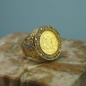 Gold Coin Ring - Big Men's Ring - Signed Ring - Diamonds Monogram